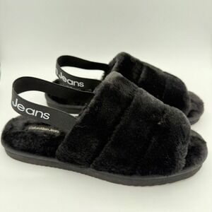 Calvin Klein Slippers Faux Fur‎ Black Slingback Women 8.5 Elastic Strap Home